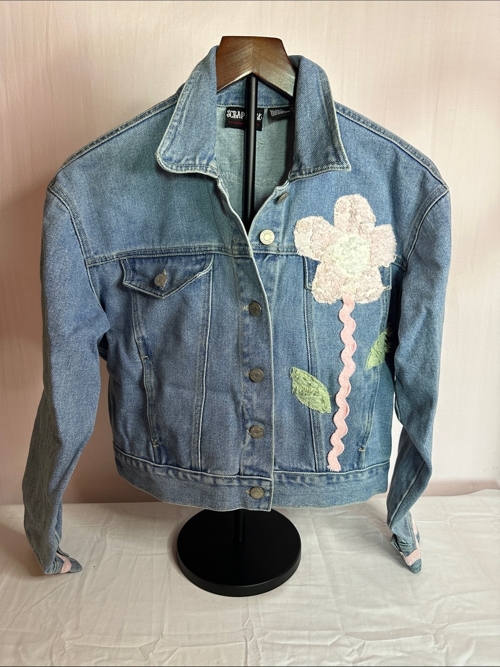 Embroidered Floral Denim Jacket - Blue & Pink